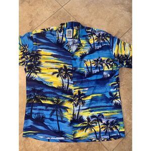 Ocean Current Men's Hawaiian Camp Shirt‎  L Blue Palm Tree Rayon